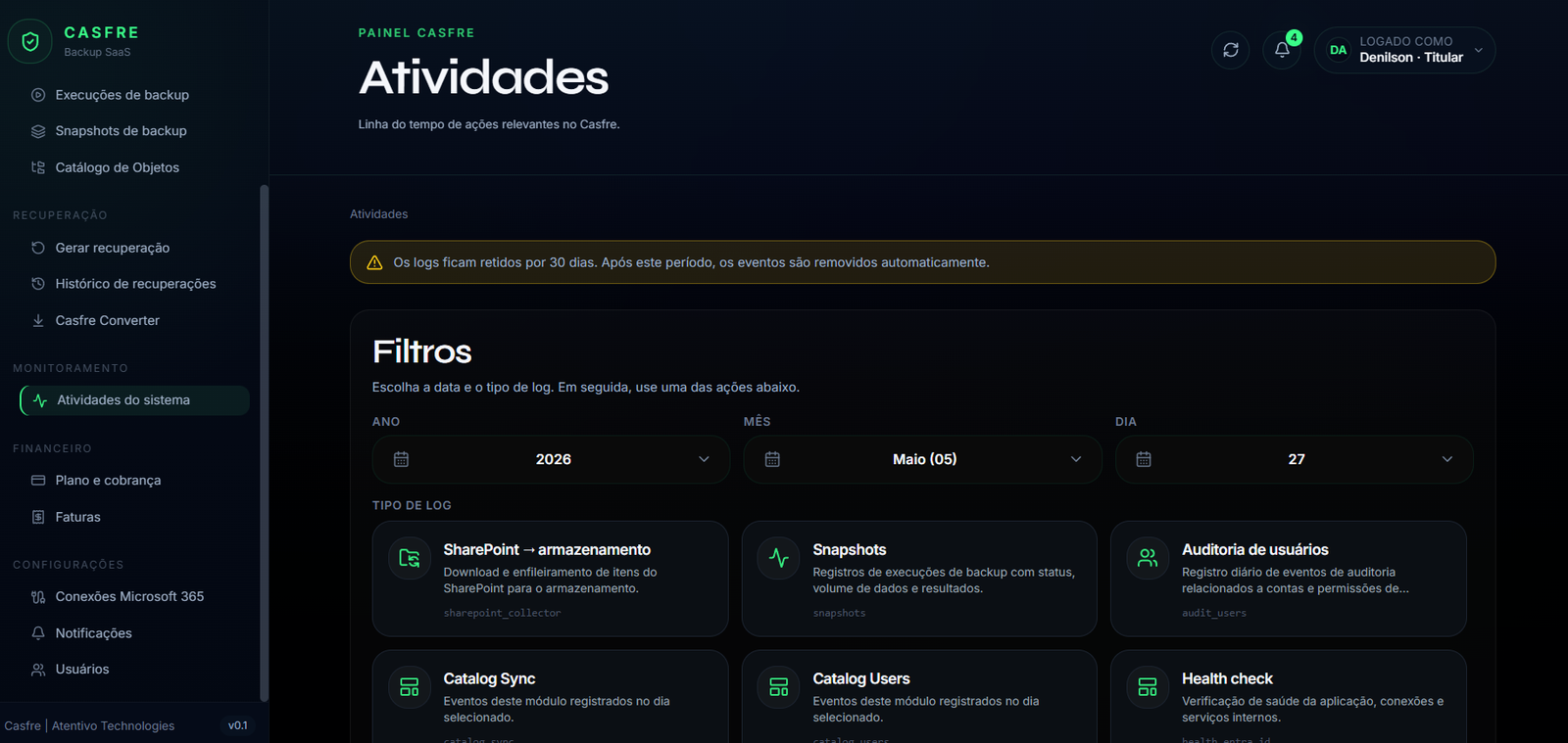 Tela de atividades do sistema no Casfre Backup