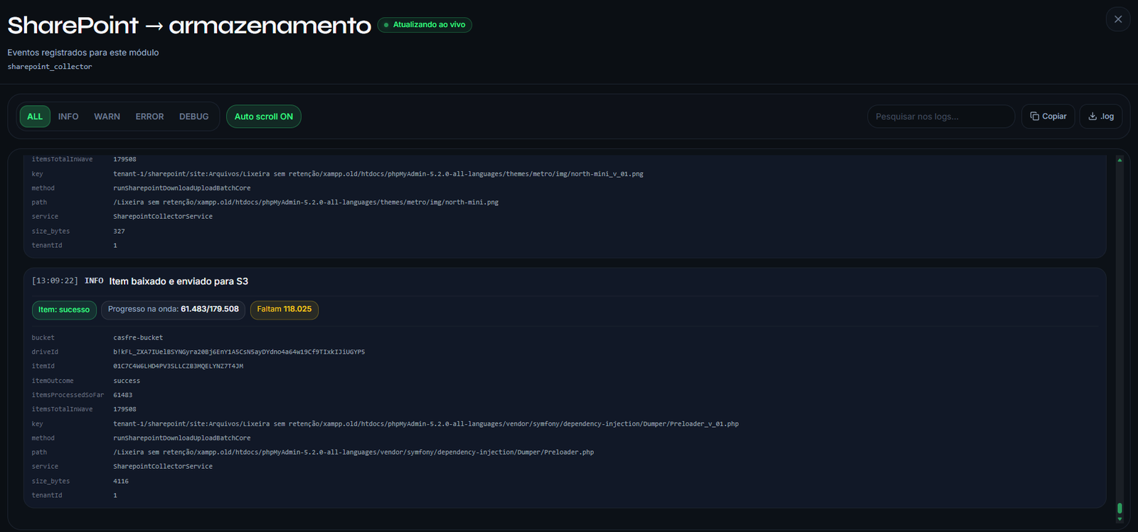Tela de logs técnicos de execução e armazenamento do Casfre