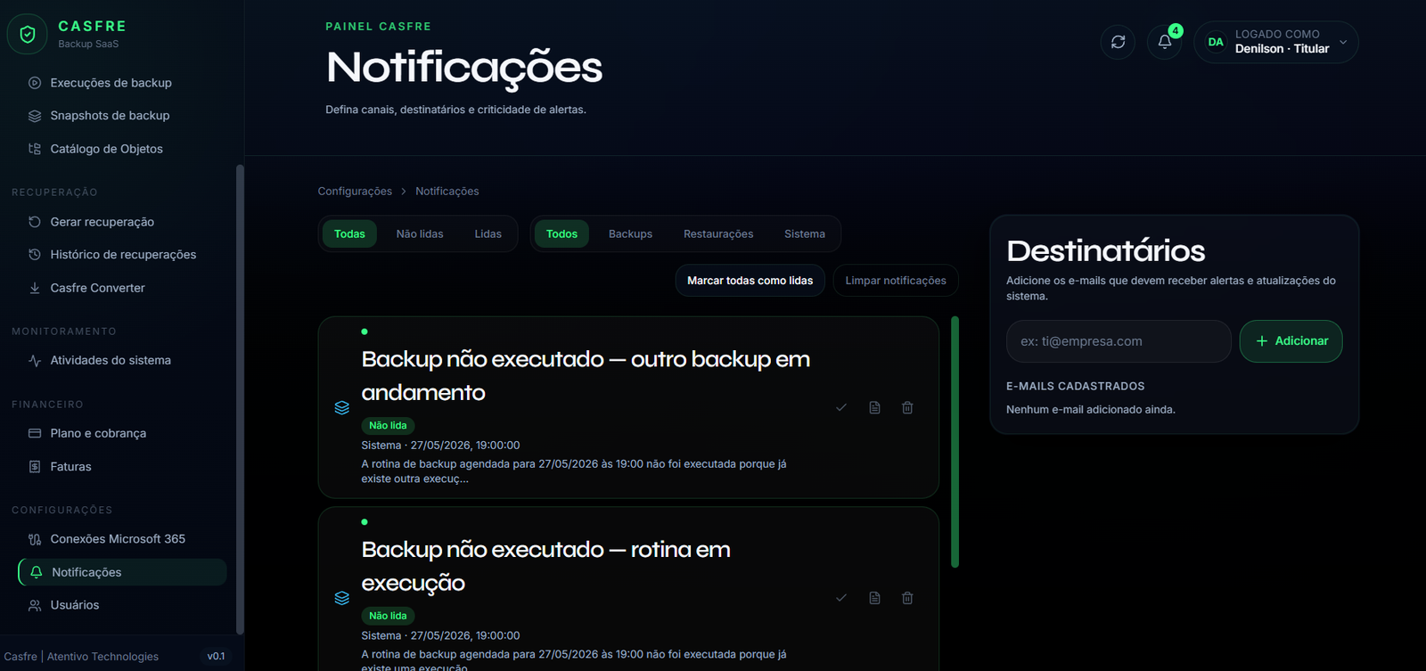 Tela de notificações do Casfre Backup