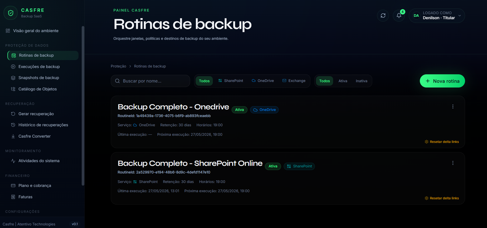 Tela de rotinas de backup do Casfre